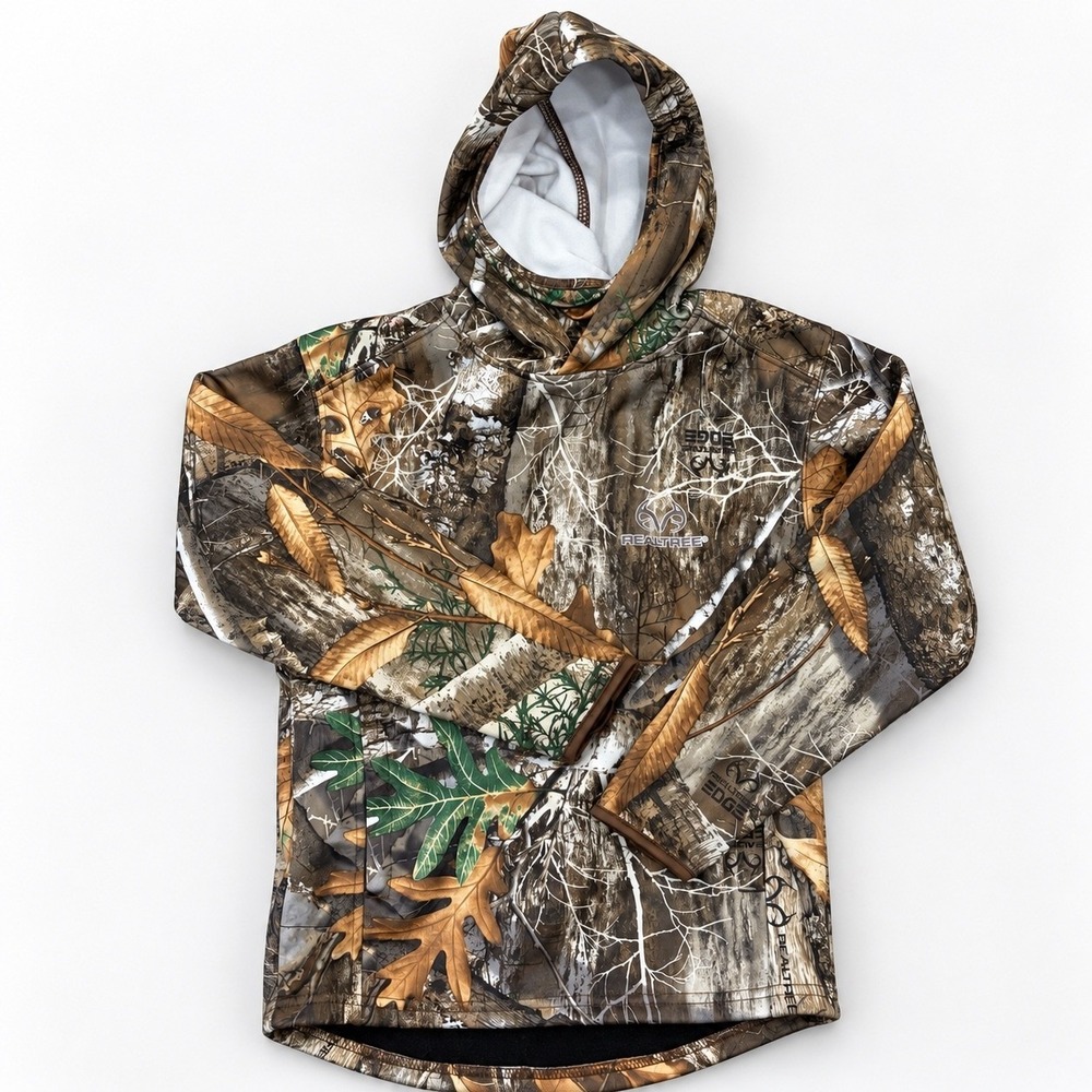Realtree Edge Kids Camo Hoodie Built-in Gaiter Pullover XS 4-5 Brown Green